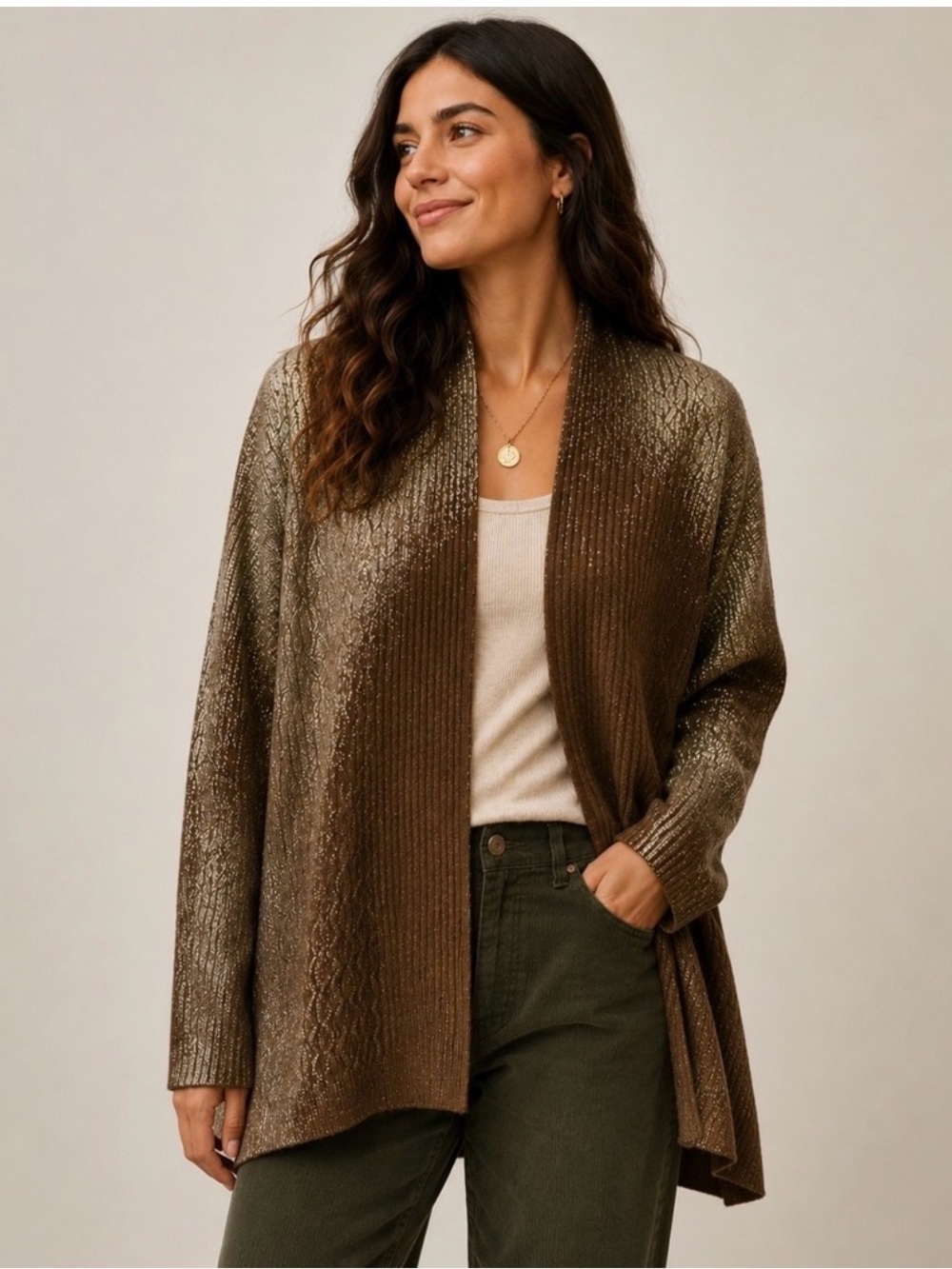 Avant Toi Brown and Metallic Gold Cashmere Open Cardigan NWOT